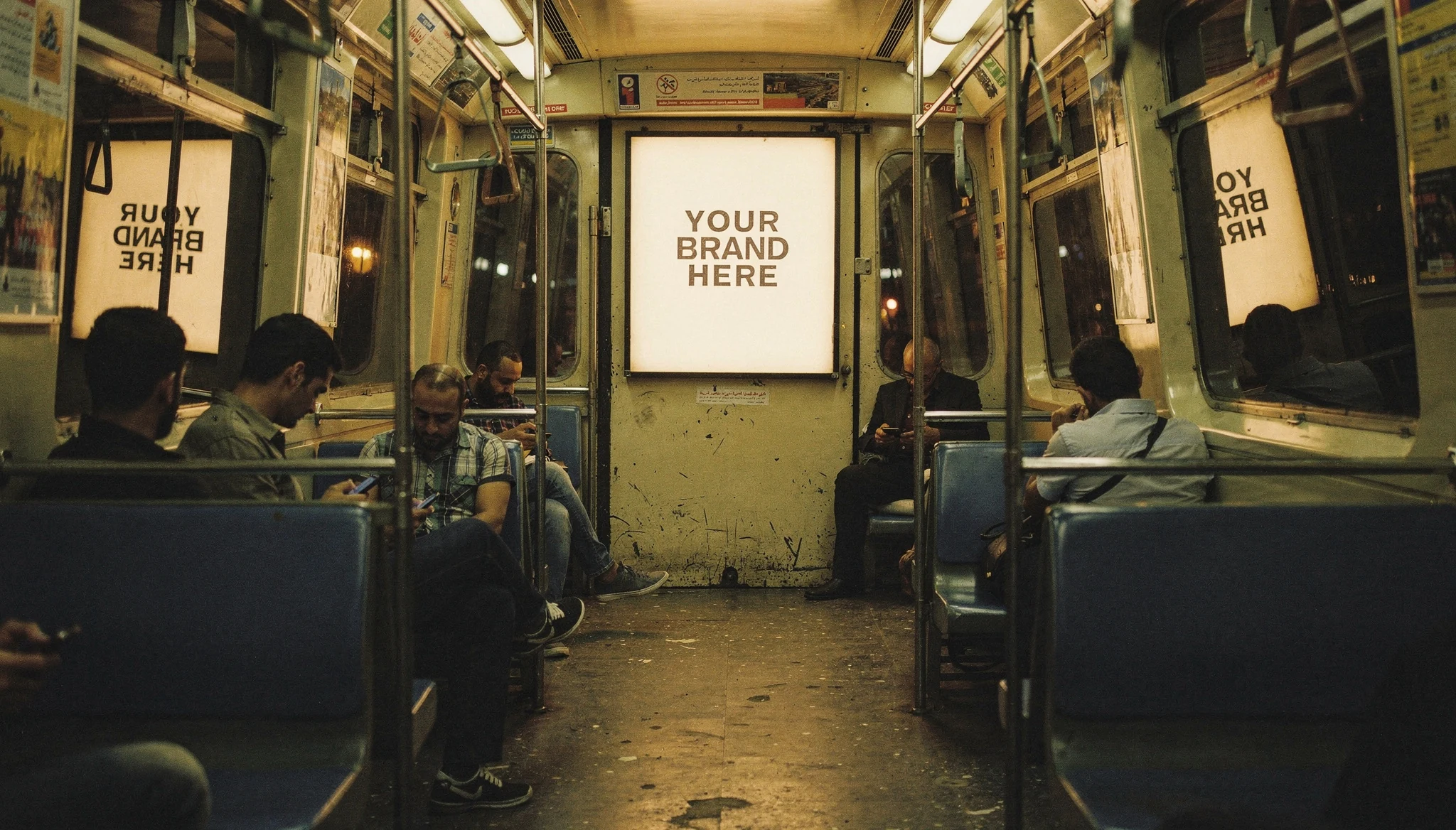 Inside a metro car at night, a lit advertising panel reads Your Brand Here